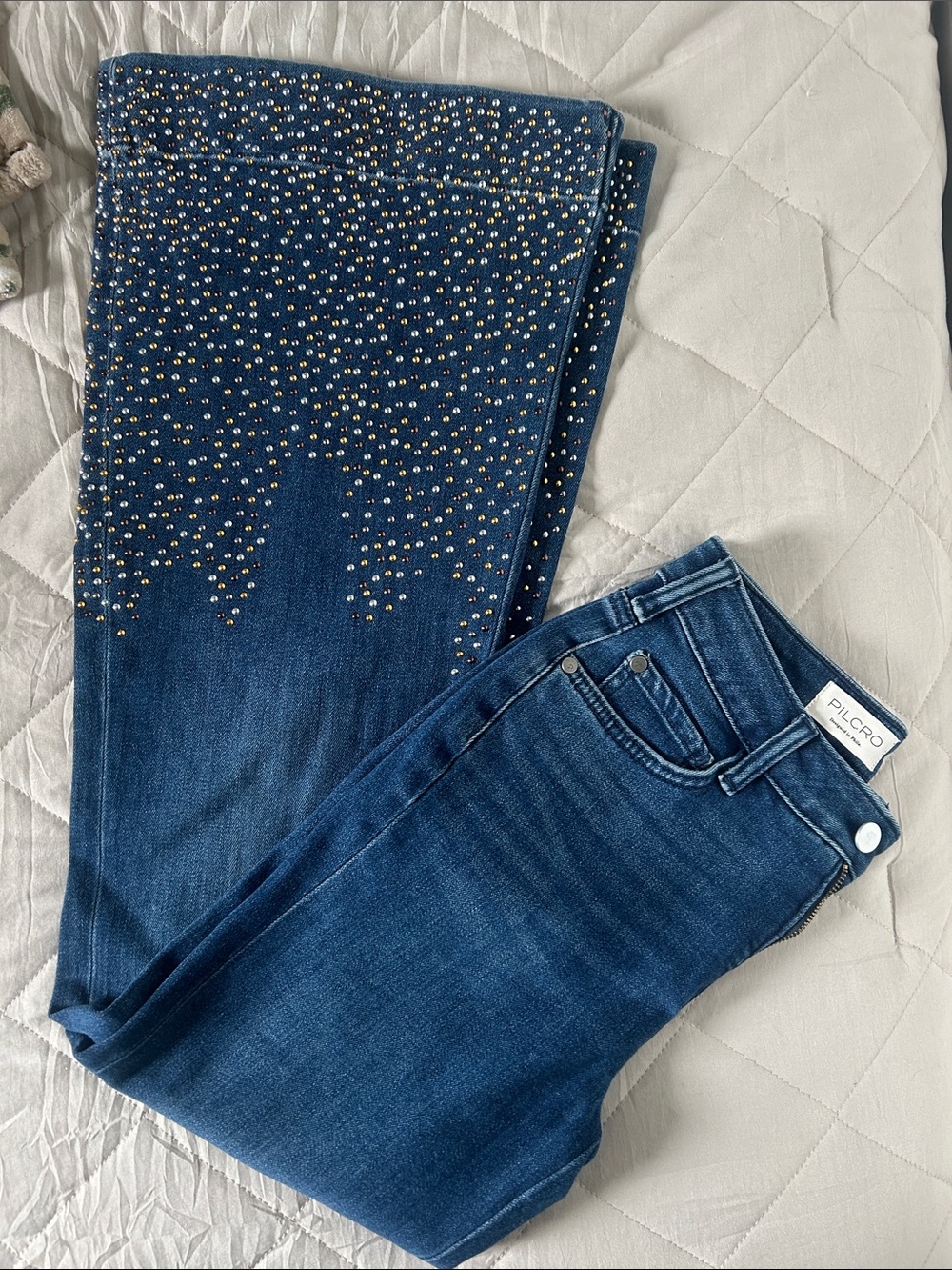 Pilcro Dark Blue Flare Jeans with Gold-Tone Stud Embellishment